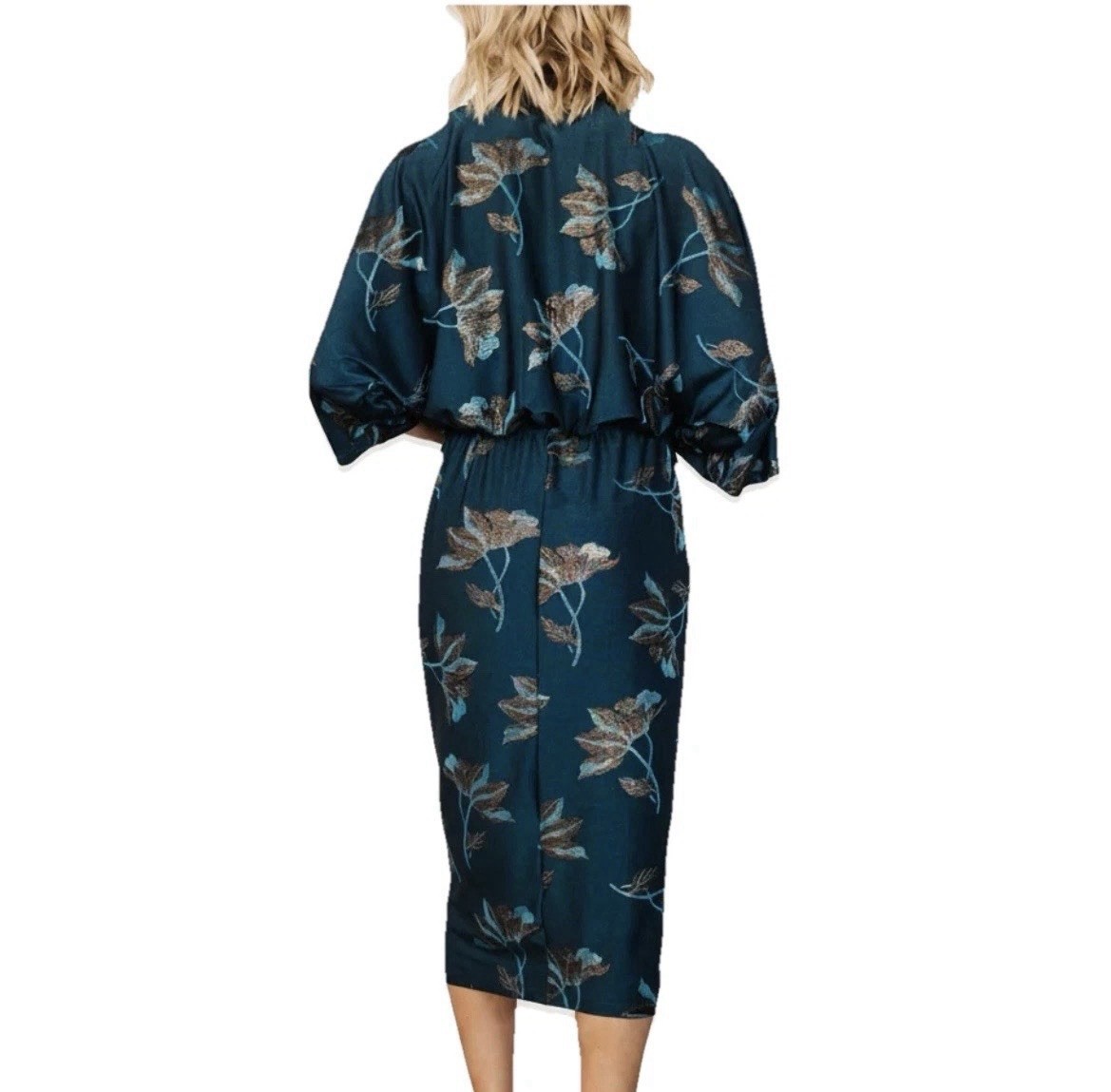 NWT Baltic Børn Shaneen Ruched Jade Midi Dress Size M Teal Gold V Neck Dolman