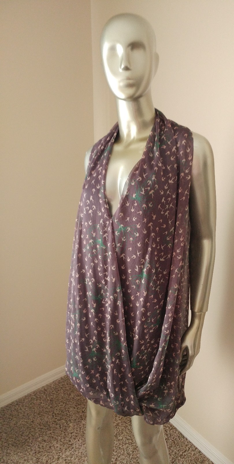 Cute Bubble Sheath tunic dress with swallow birds print size S/M grey/Pink