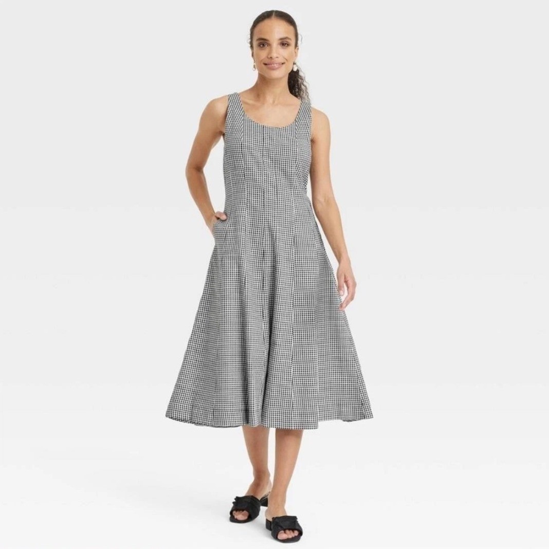 A New Day Corset Midi Dress Women 6 Black Gingham NEW Sleeveless A-Line Pocket