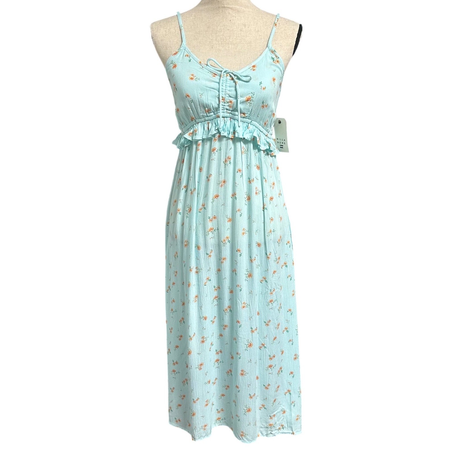 Billabong Rebel Heart Floral Midi Dress Blue Ruffle Smocked Women’s S Beach NWT