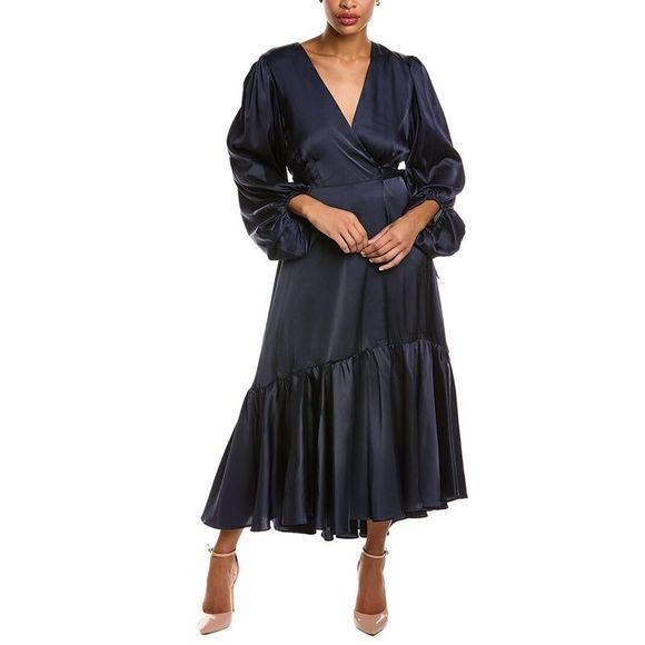 Anthropologie Robyn Wrap Dress Medium Blue Short Sleeve Ruffle V-Neck Midi