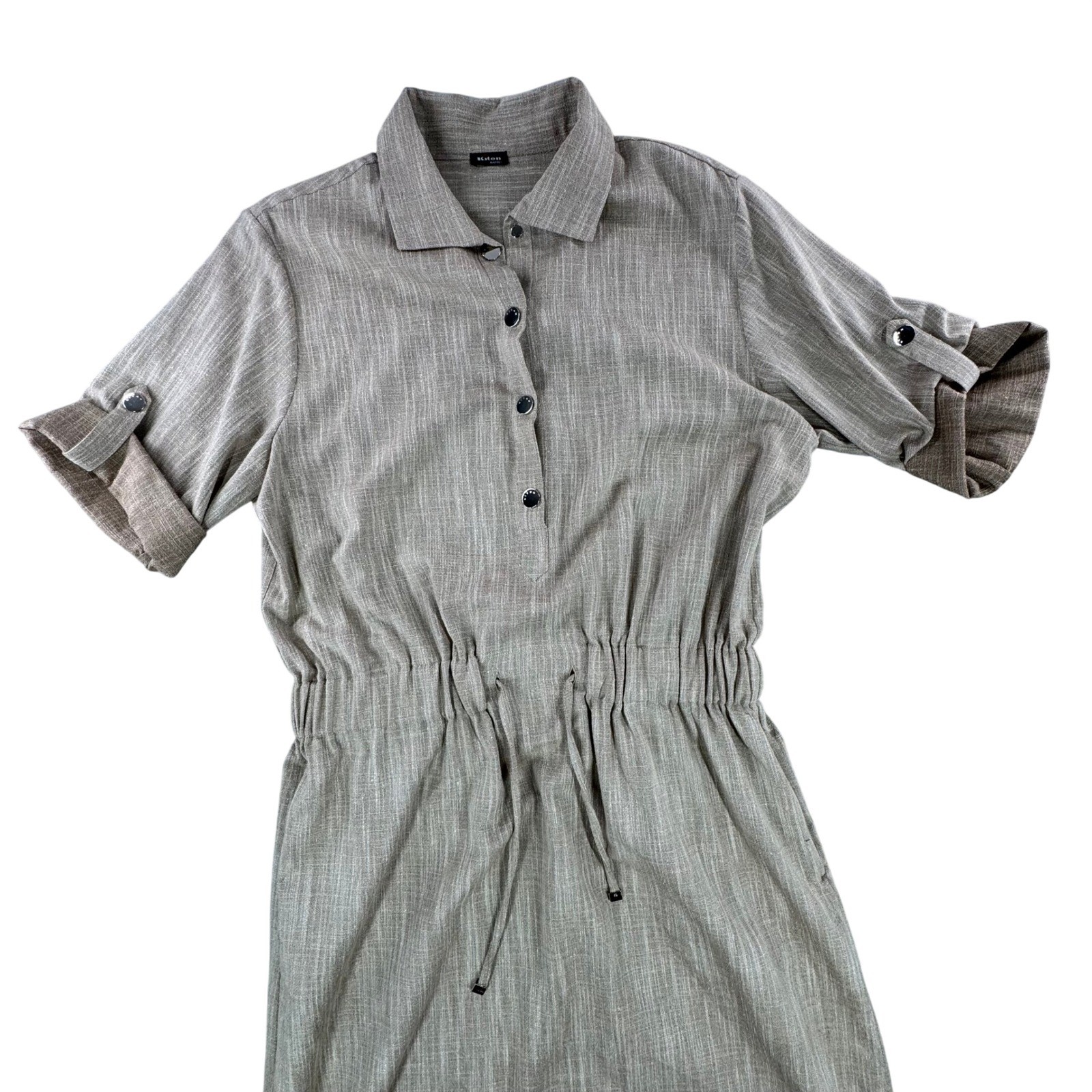 Kiton Napoli Women Taupe Wool Blend Drawstring Shirt Dress Made In Italy 32″