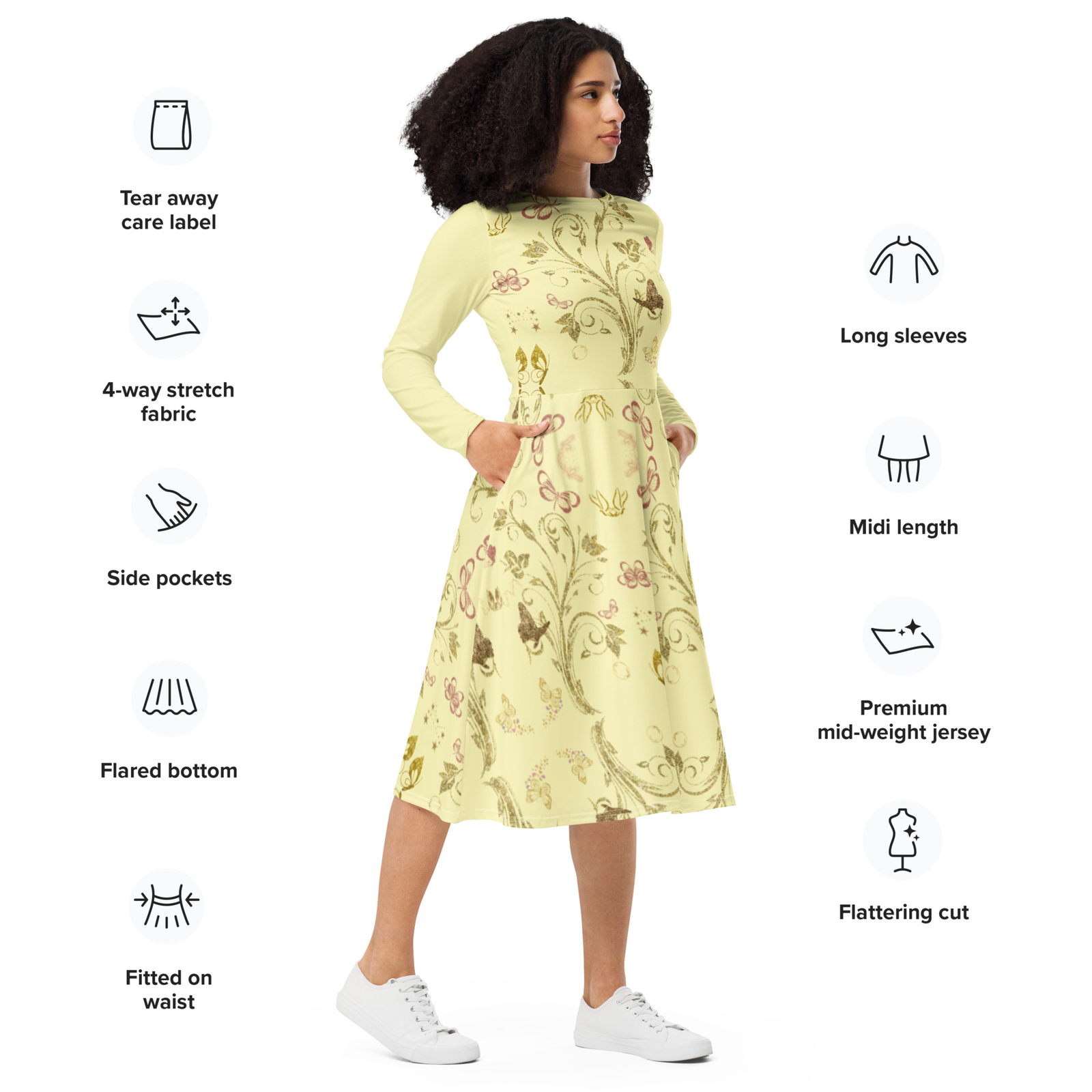 All-over print long sleeve midi dress Schmetterling