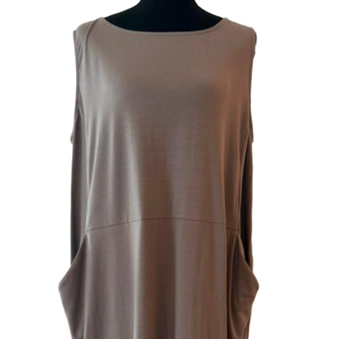 Eileen Fisher Taupe Grey Stretch Jersey Pockets Sleeveless Midi Dress Large NWT