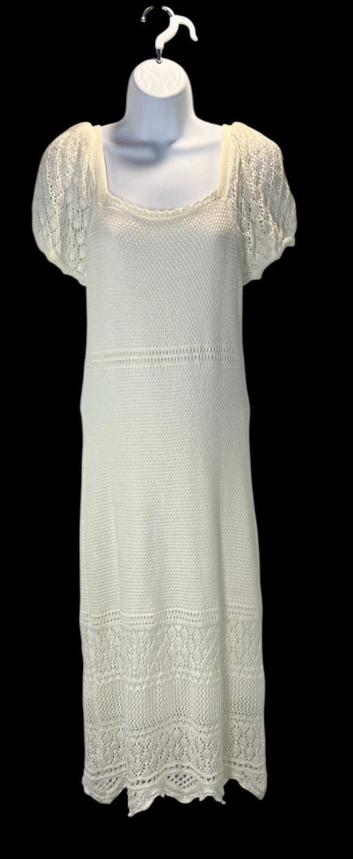 Boho Crochet Midi Dress Size Medium Cream Coastal Romantic Beachy Festival