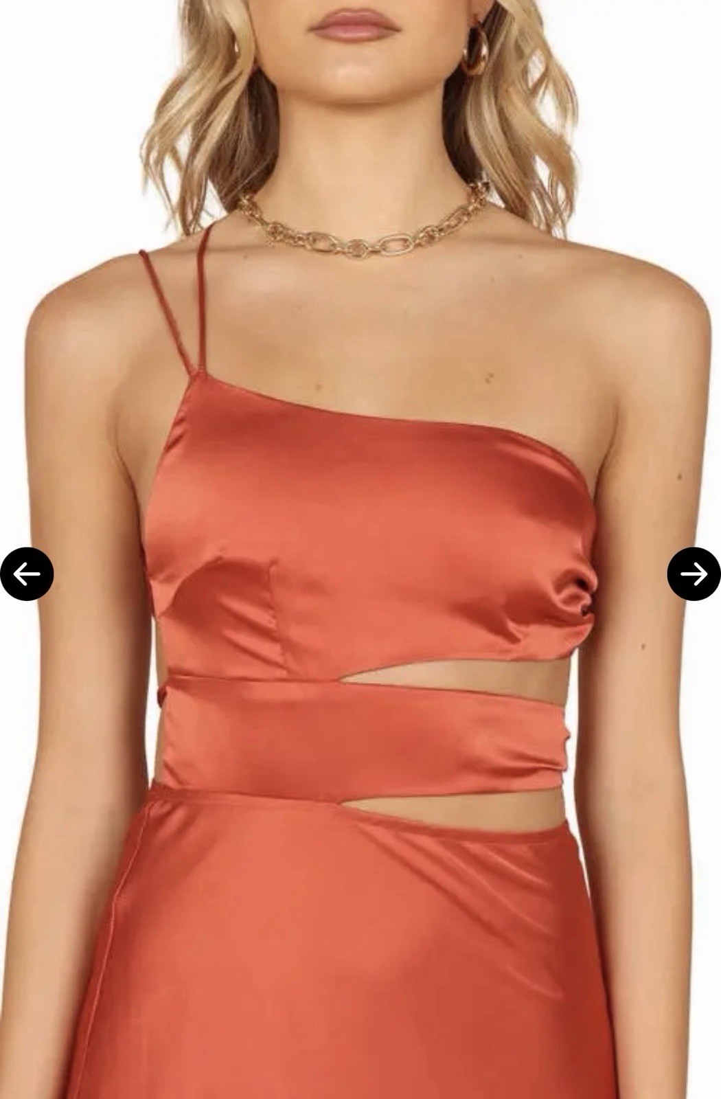 Petal & Pup Forelle One-Shoulder Cut Out Satin Midi Dress in Rust/Copper XL NWT