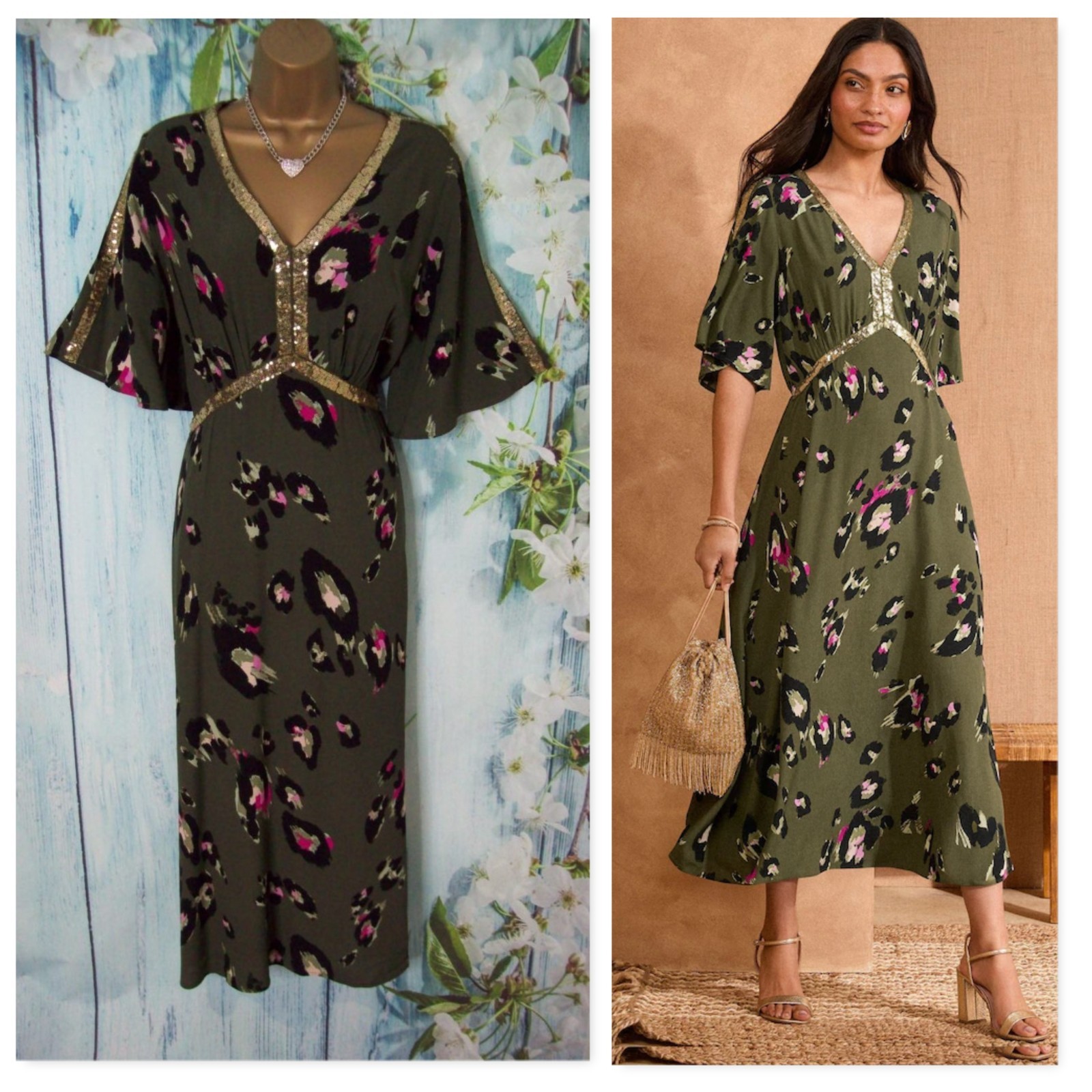 Next Love & Roses Khaki Green Animal Sequin Angel Sleeve Midi Dress Size 14