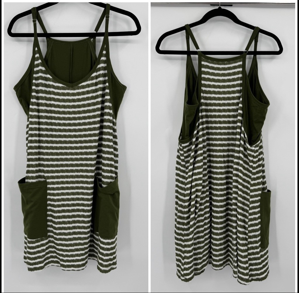 Green & White Striped Mini Dress with Pockets XL Built-in Shorts