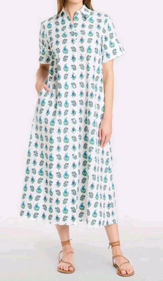 Livro Gibbons Dress Size XS Beach Sprigs Cotton Shirt Dress Block Print White