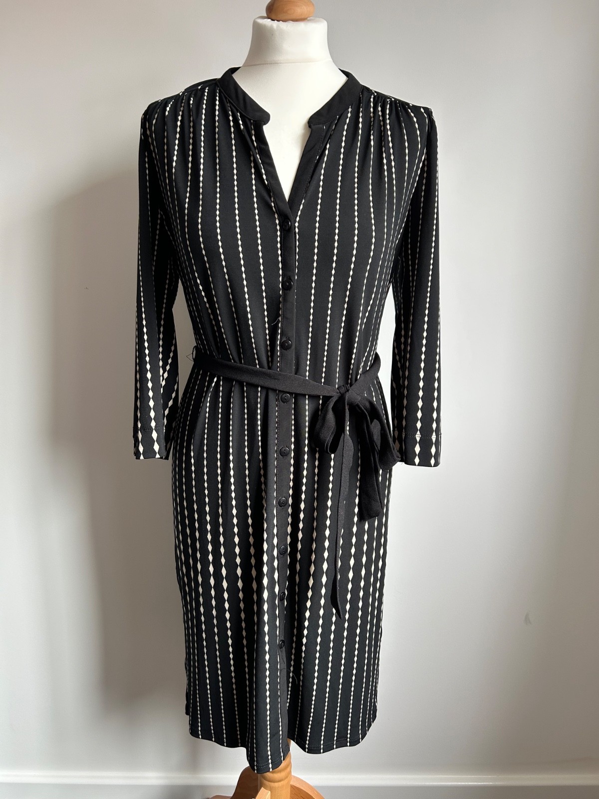 Monsoon Shirt Dress Size 12 Belted Button Up Black Cream VGC Minimalist Classic