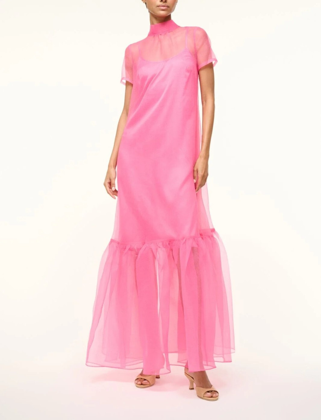 High Neck Pink Sheer Organza Dress Elegant Style Wedding Evening Party Wear