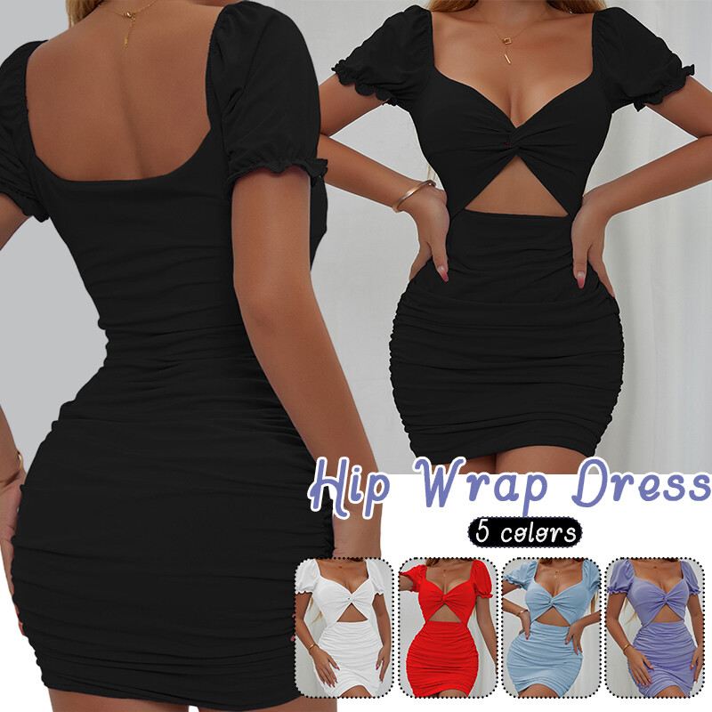 Women’s Hip Wrap Dress Sexy Fashion Hollow Pleats Puff Sleeve Short Sleeve