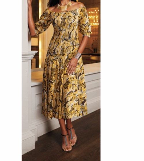 size Large Yellow & Brown Palm Leaves Summer Smocked Dress Midnight Velvet new