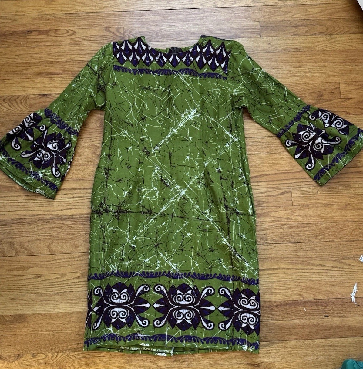 Anningtex Wax Nigerian Batik Cotton Shift Dress | Green & Purple Abstract