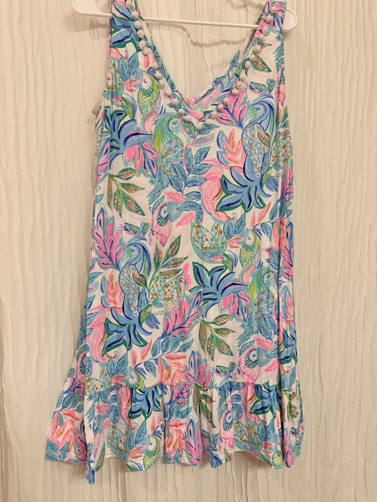 Sz L Lilly Pulitzer Swing Tank Dress Pom Pom V Neck Beach Hawaiian Pink/Blue