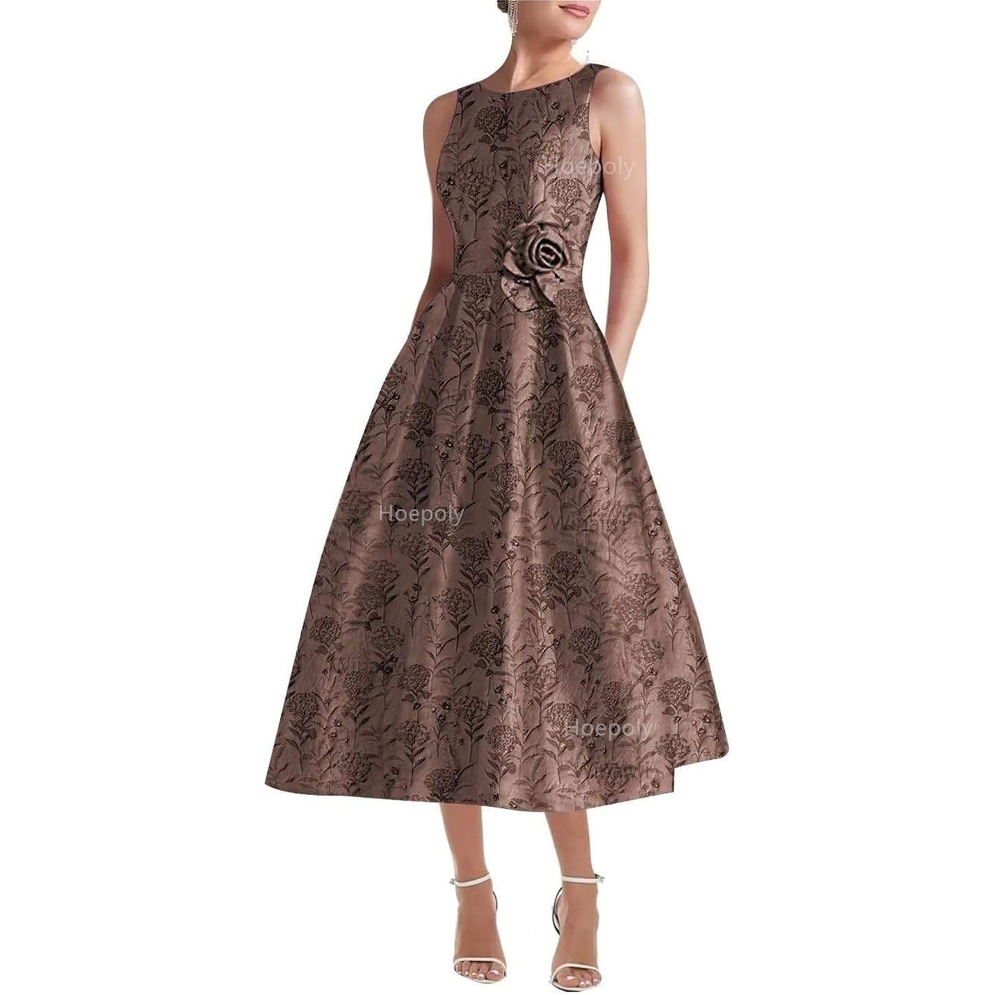 New Fashion Floral Jacquard Rosette Tea Length Mauve Pink Sleeveless Formal Gown