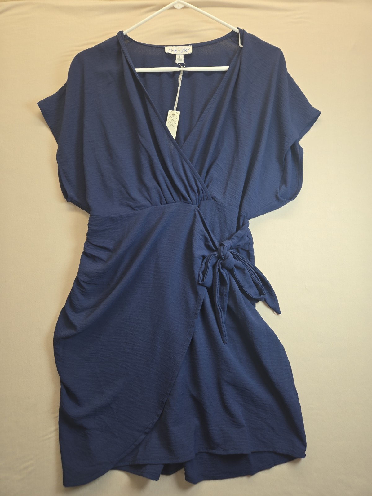 SHE + SKY Blue Small Tie Wrap Knee Length V-Neck Dress Short Sleeve NWT
