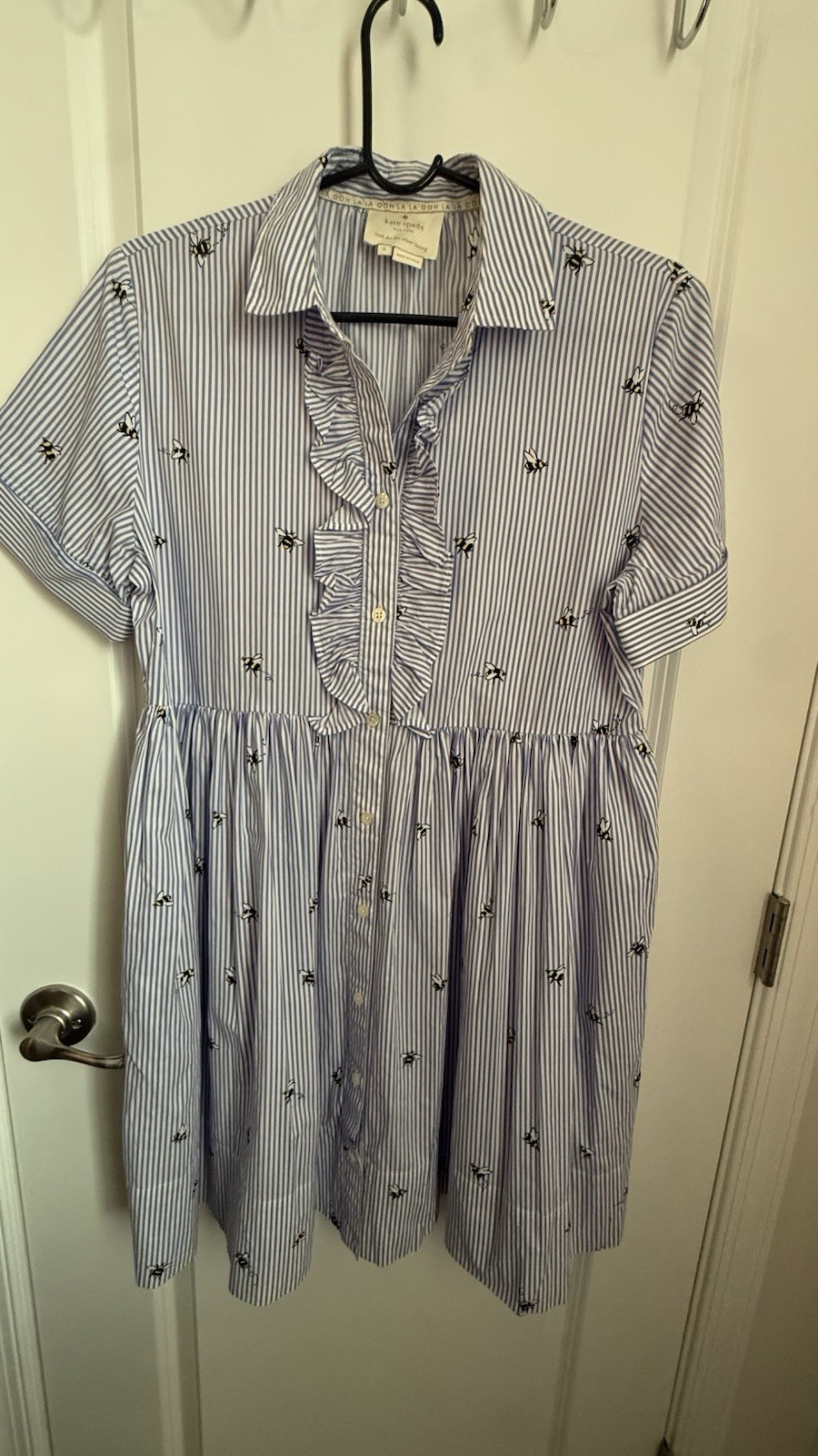100% cotton kate spade new york Blue White Striped Bee Collared Ruffle Button S