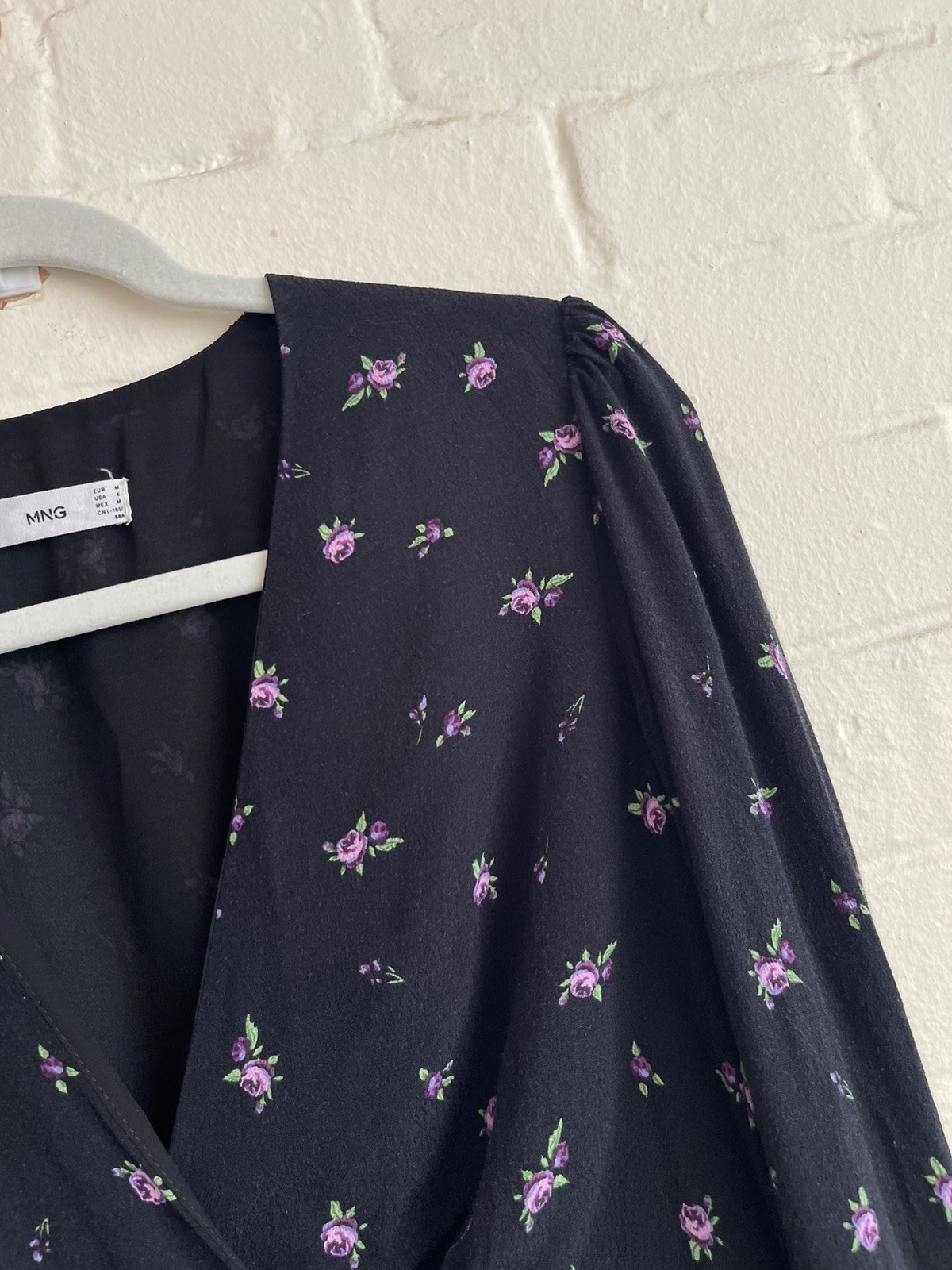 Mango MNG Black & Purple Floral Midi Dress M 3/4 Sleeve Viscose Dress Women’s