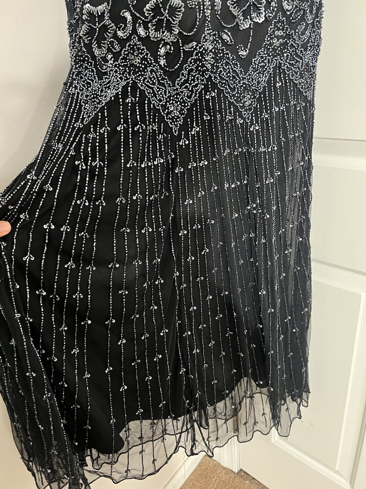 Pisarro Nights Black V-NeckBeaded Long Sleeve Evening Dress