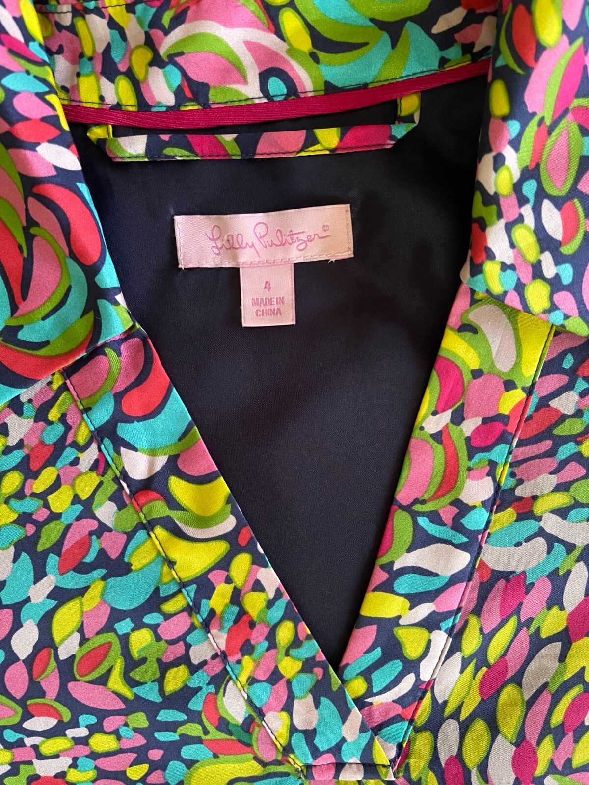 Lilly Pulitzer Blue Pink Yellow Green Red Collared Long Sleeve Silk Dress Size 4