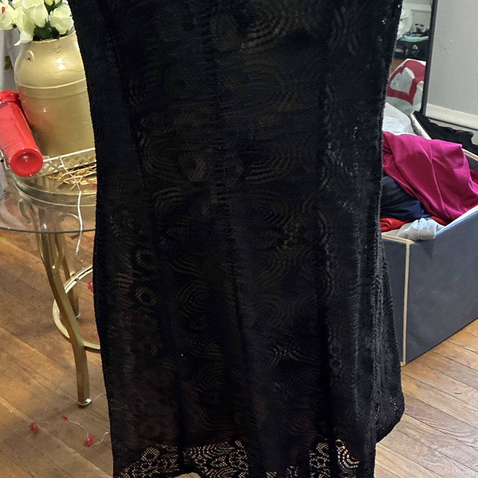 Karin Stevens Black Long A-Line Dress 10W Short Sleeve Scoop Neck Lace Floral