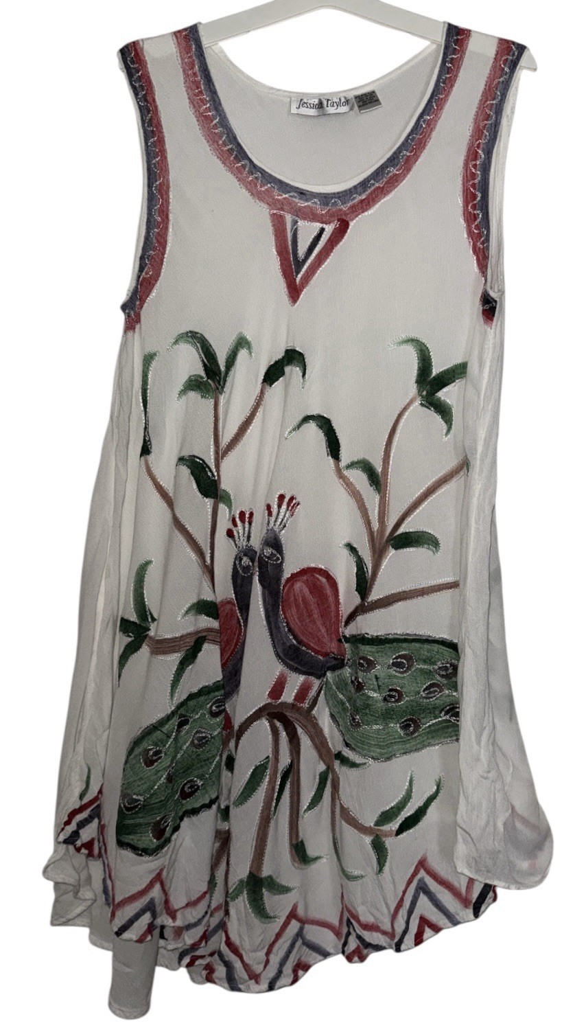 Jessica Taylor Dress Women’s One Size Plus White Sheer Boho Peacock Coverup
