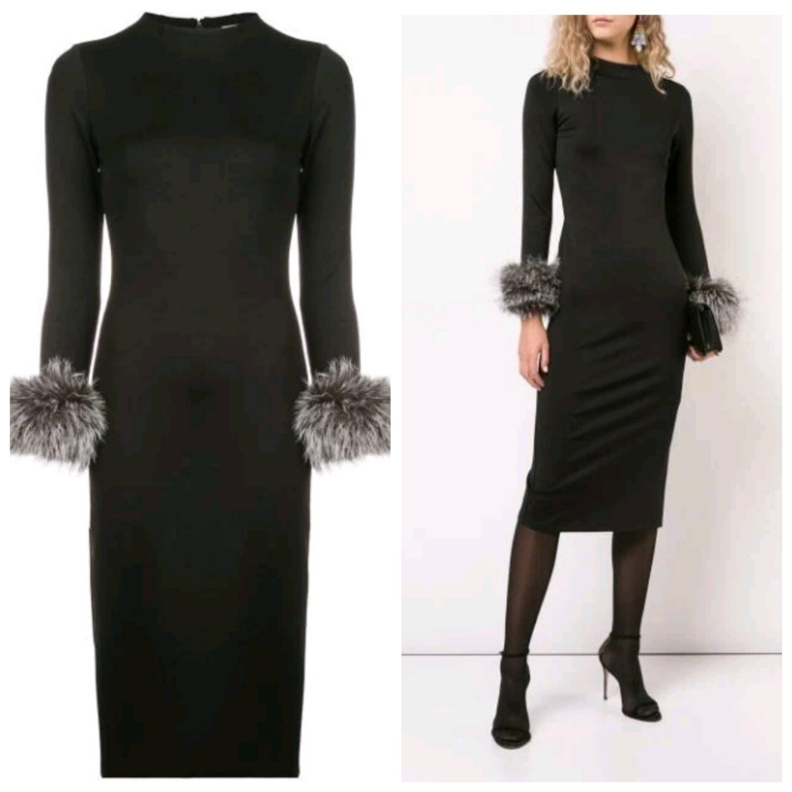 ALICE + OLIVIA Delora Fox Fur-cuff Sleeve Black Midi Dress. Size 4 $550