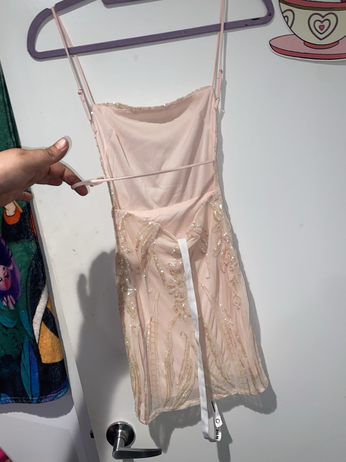 Lucy In The Sky Sequin Mini Dress Pink Cowl Neck Open Back Party Club Size S NWT