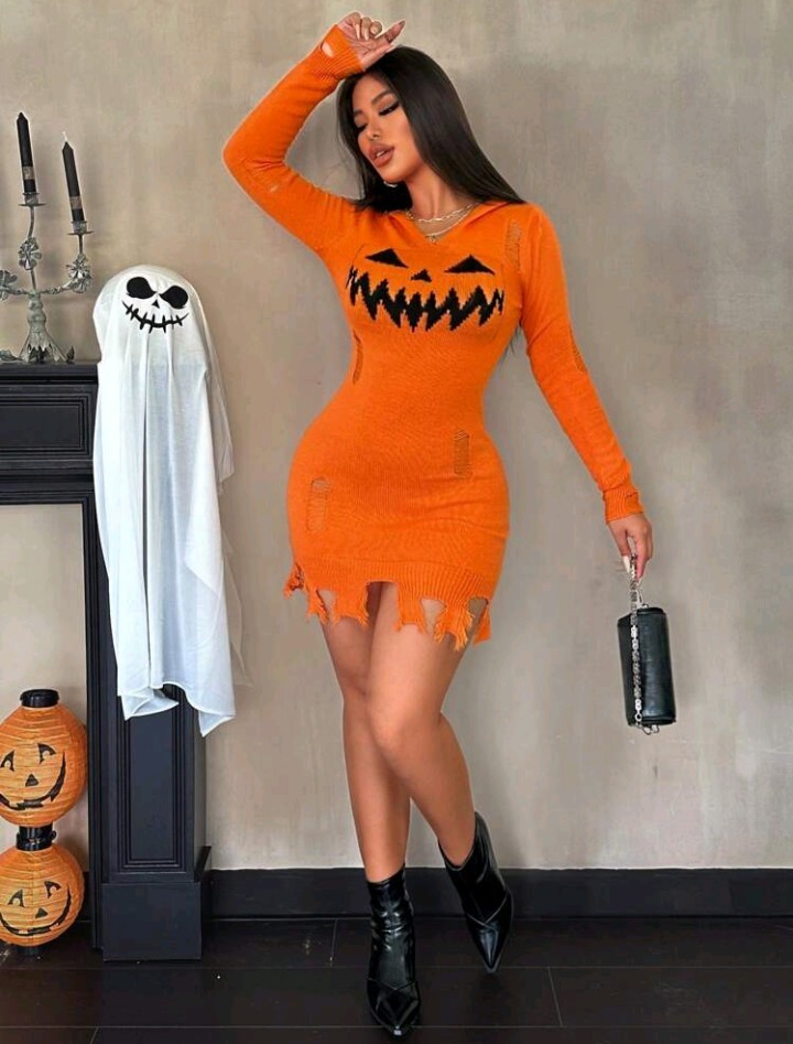 New Halloween Pumpkin Teeth Graphic Orange Sexy Hollow Out Tassel…