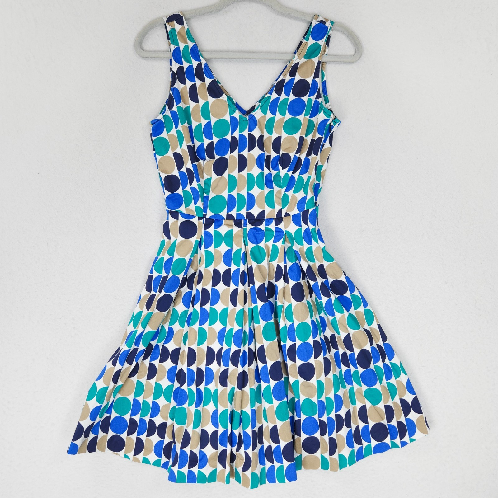 Banana Republic Dress Womens 2 Blue Tan Dot A Line Pleated Sleeveless V Neck