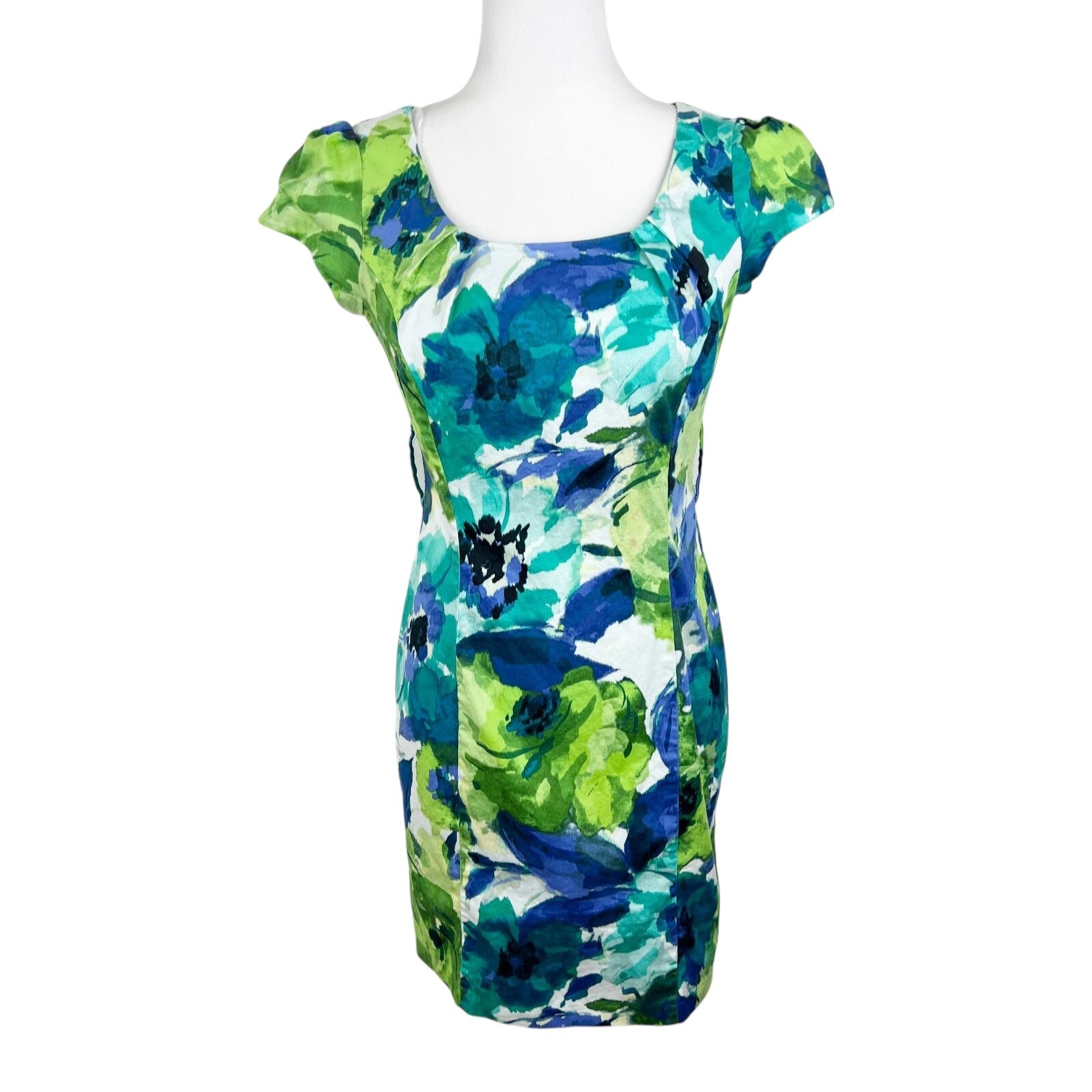 IZ Byer California Dress Women 9 Green Blue Floral Cap Sleeve Square Neck Sheath