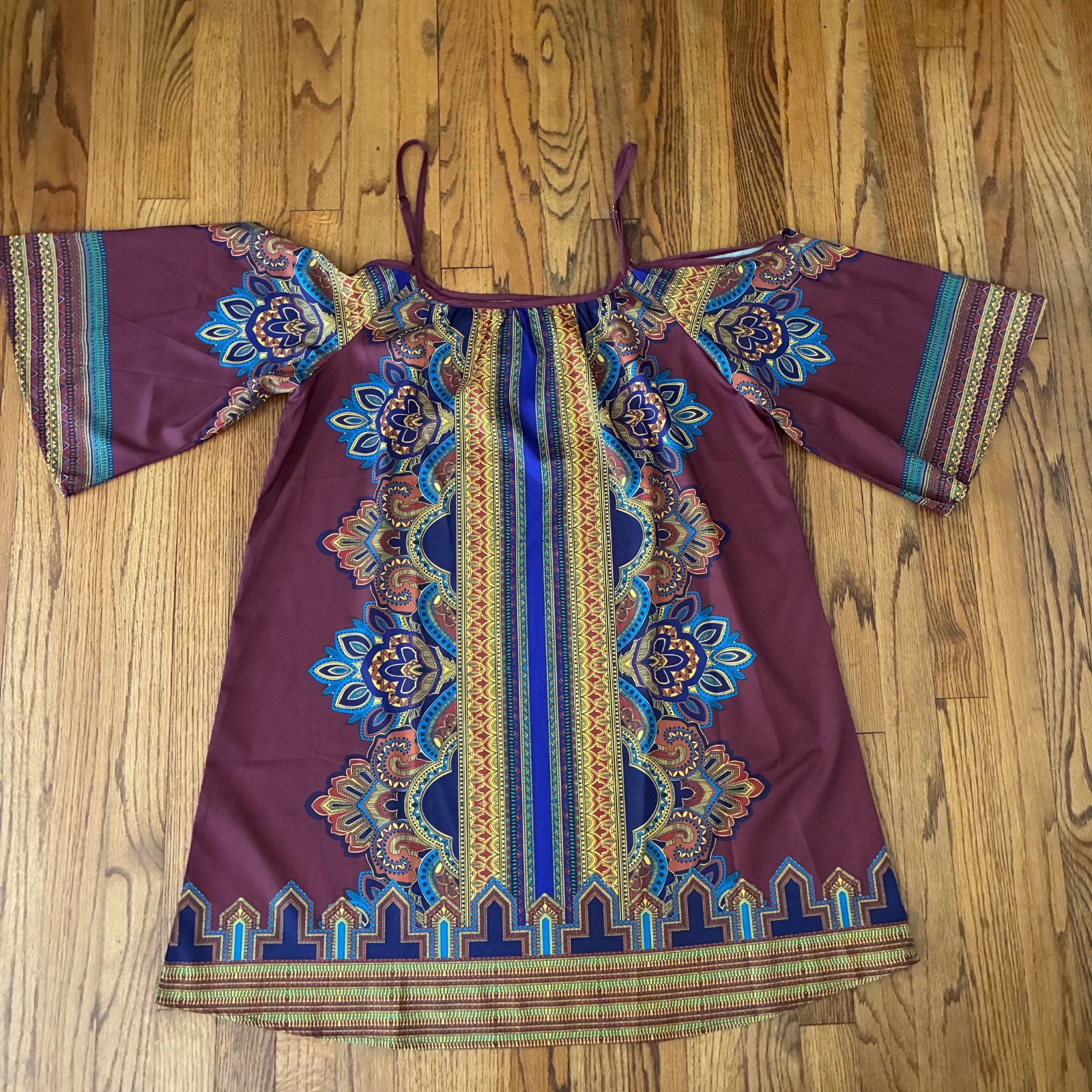 Short Boho Open Shoulder Dress XXL Brown Teal Gold Lightweight Adjustable Straps