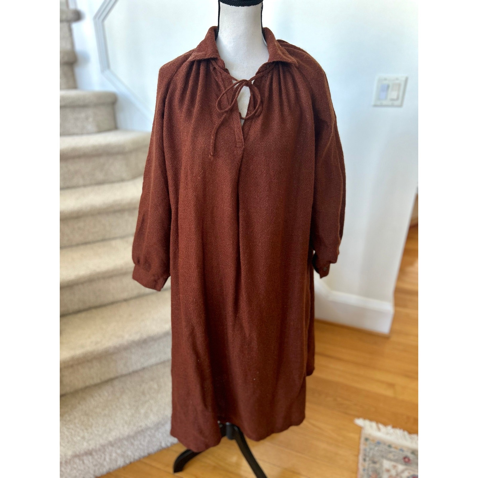Vintage 60s Saks Fifth Brown Cashmere Wool Loose Peasant Long Sleeve Midi Dress