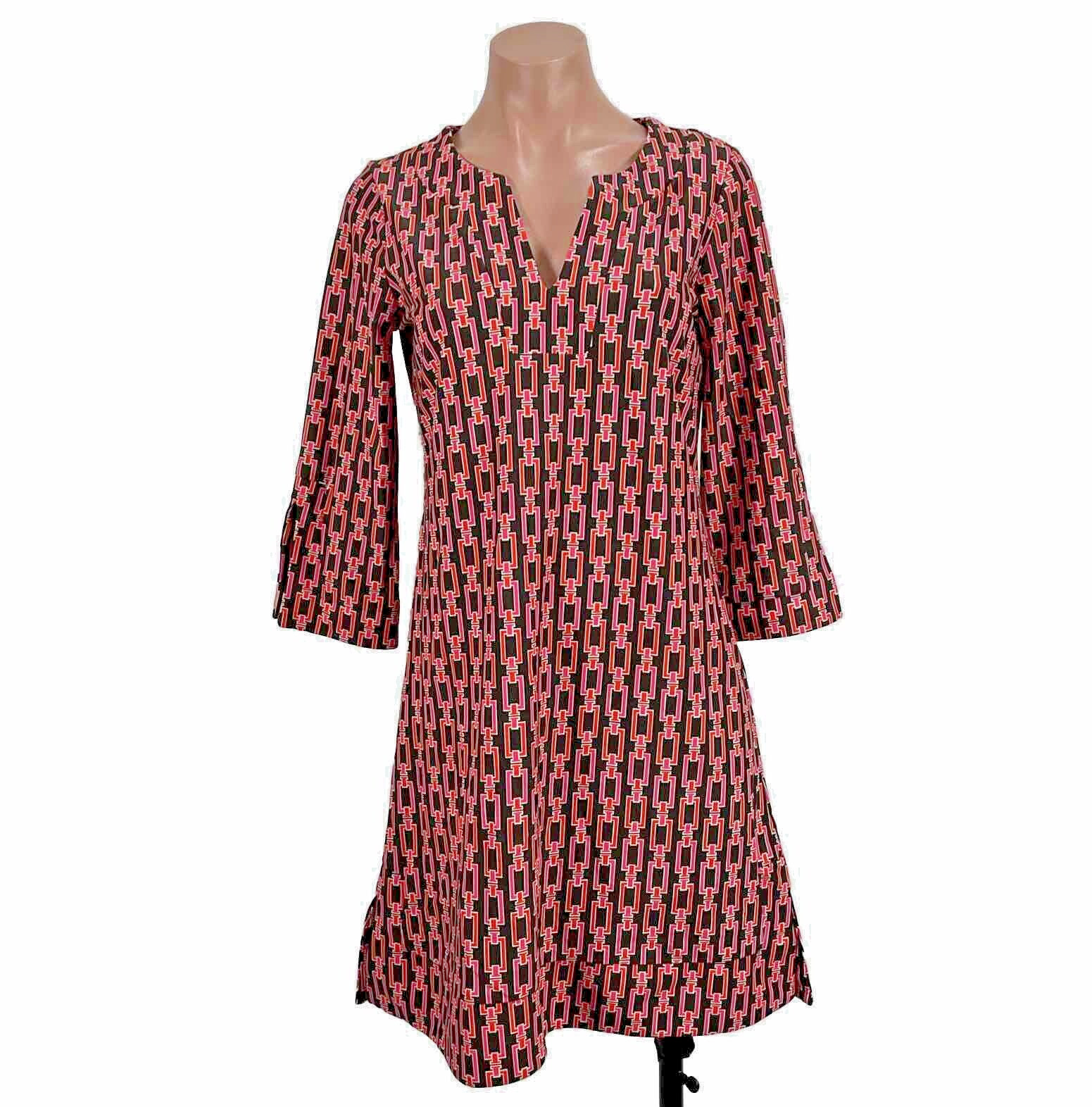Jude Connally Dress Sz S Black Pink Multi Chain 3/4 Sleeve Split V Neck Stretch