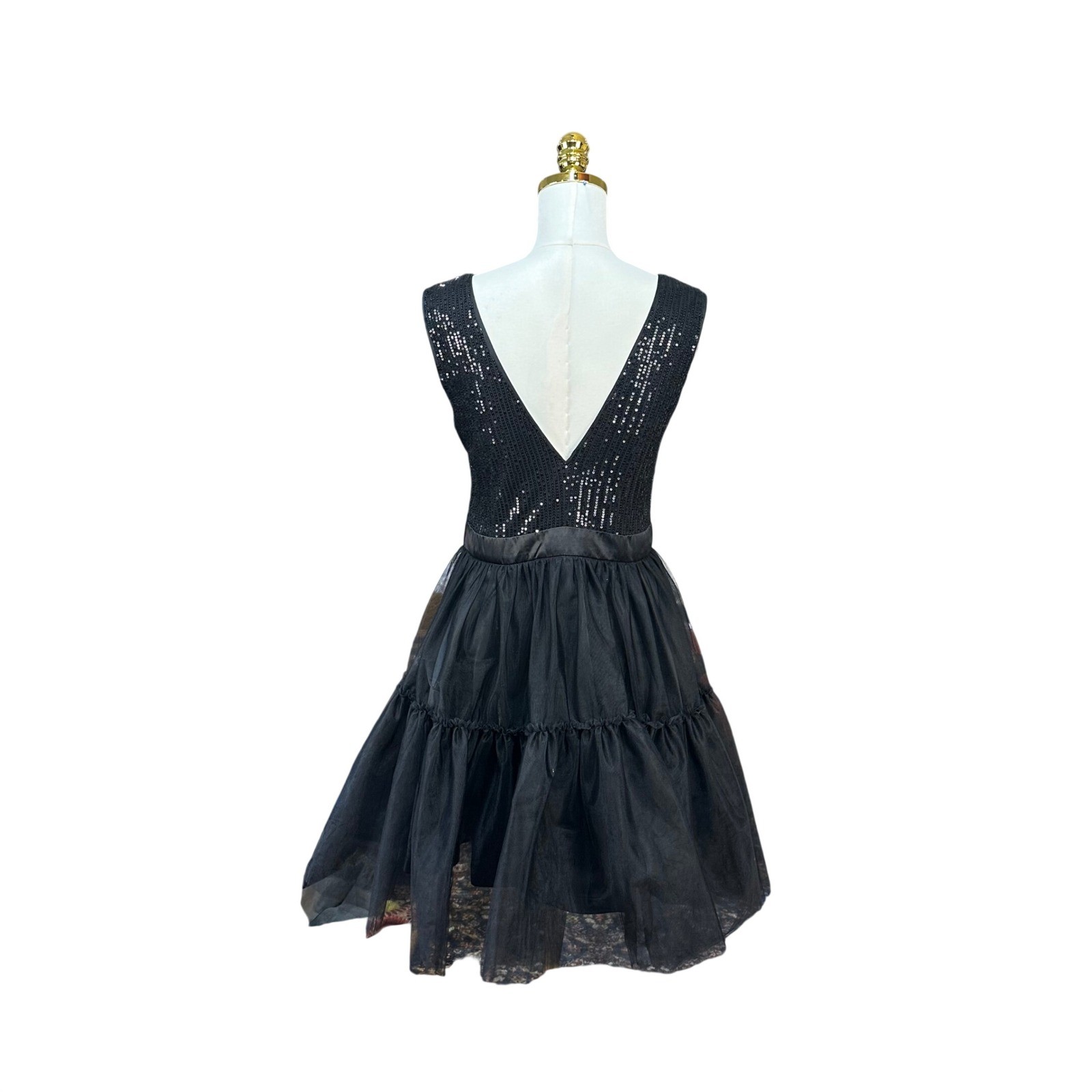 Womens Black Sequin Tulle Tiered Fit and Flare Party Dress Size L Sleeveless