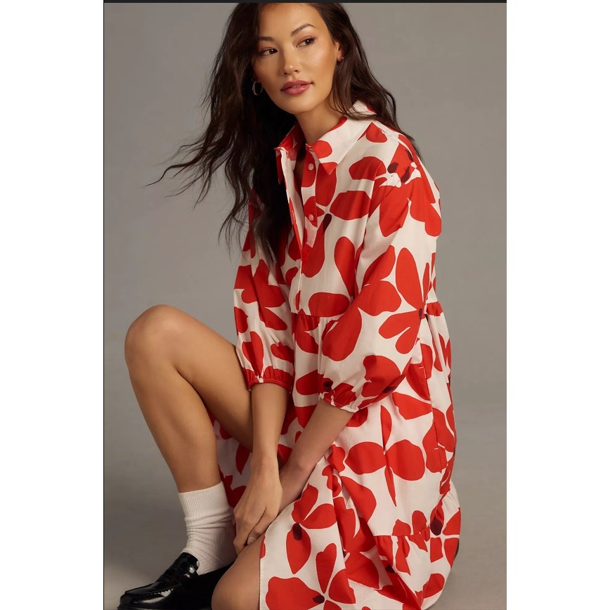 Anthropologie Maeve The Bettina Tiered Midi Shirt Dress Red Motif Size S Petite