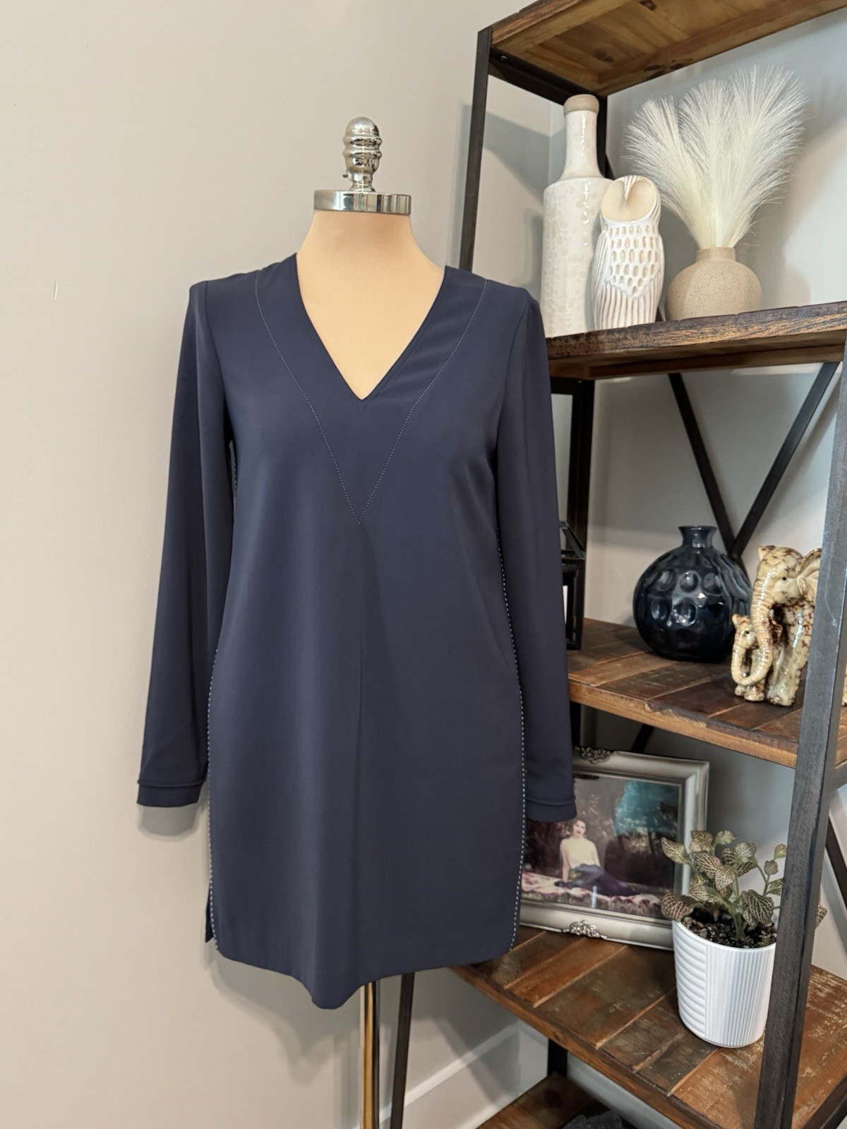 Brochu Walker Exposed Stitching V-Neck Mini Dress Slate Gray Blue Women’s Size S