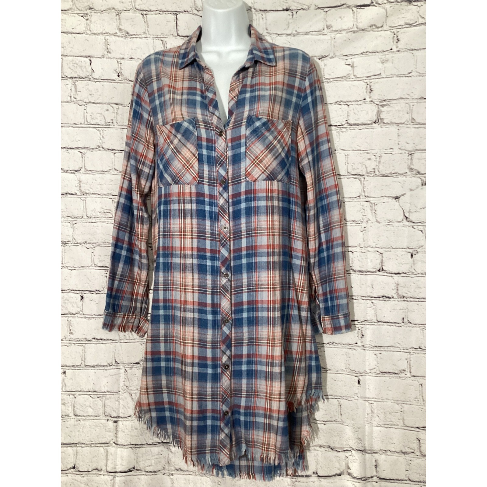 Cloth & Stone Plaid Button Down Shirt Dress Blue Red Frayed Hem XS Long Sleeve