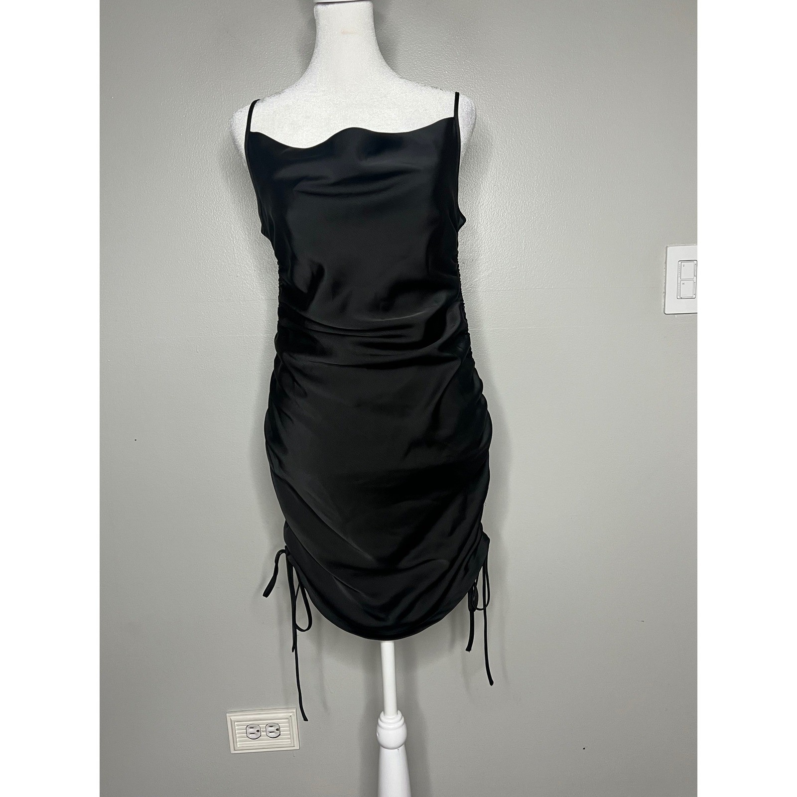 Black Satin Cowl Neck Ruched Mini Slip Dress Adjustable Drawstring Sides Size S