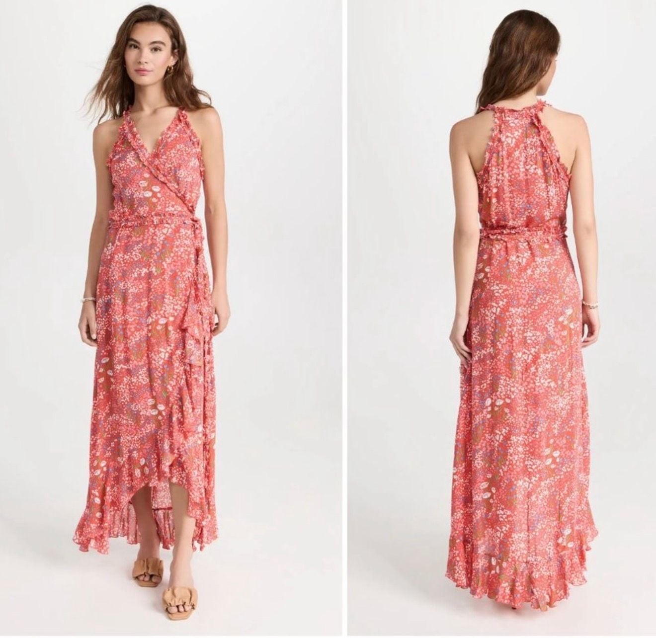 Poupette St Barth Floral Print Maxi Wrap Dress with Ruffle Trim