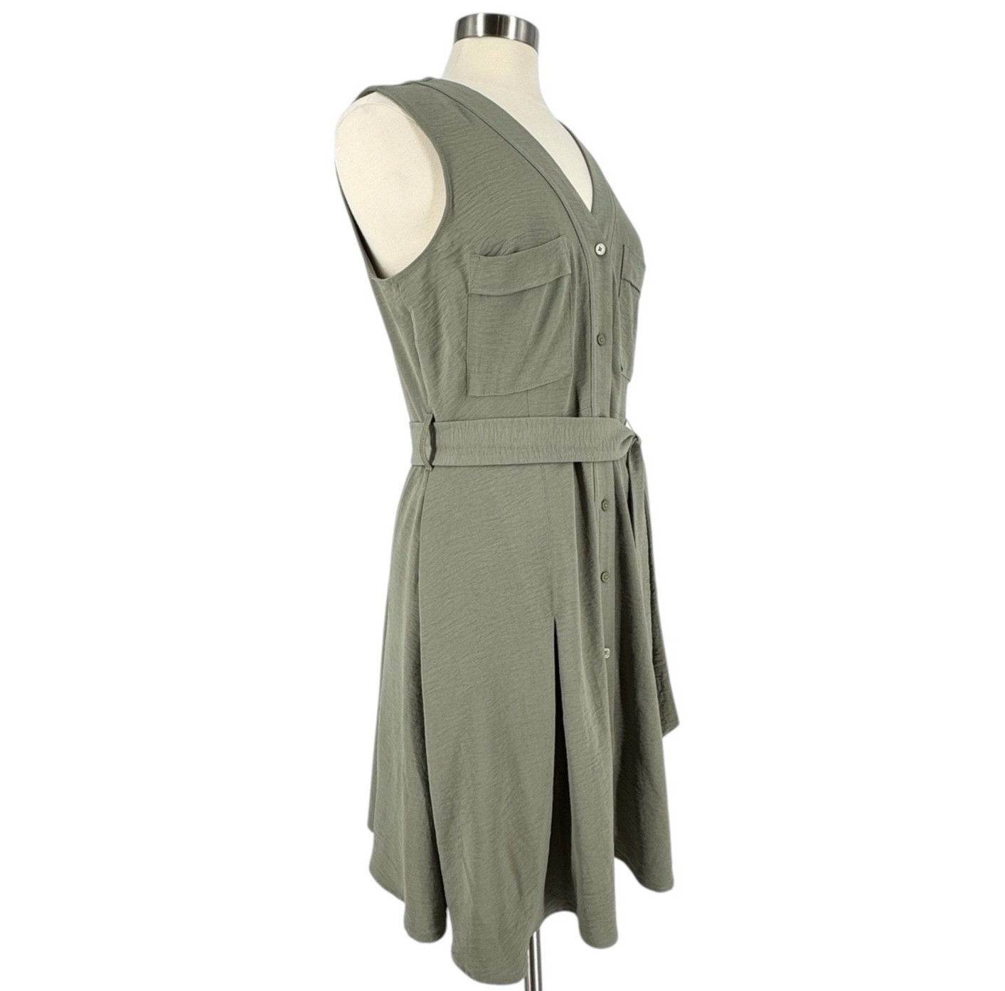 DKNY Sleeveless Button Front Belted Dress Pockets Olive Green Women’s 12 Utility