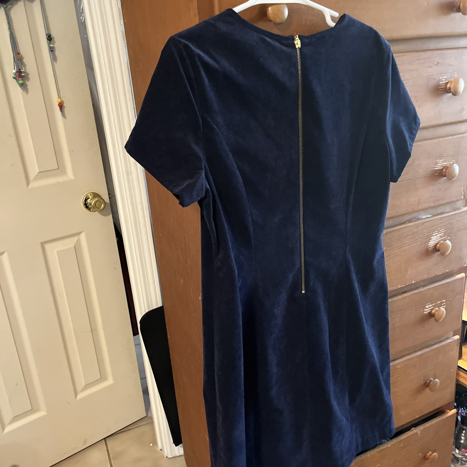 SHERAGANO Thin Wale Corduroy Dress Gold Zippers Navy Blue Size 14 NWOT
