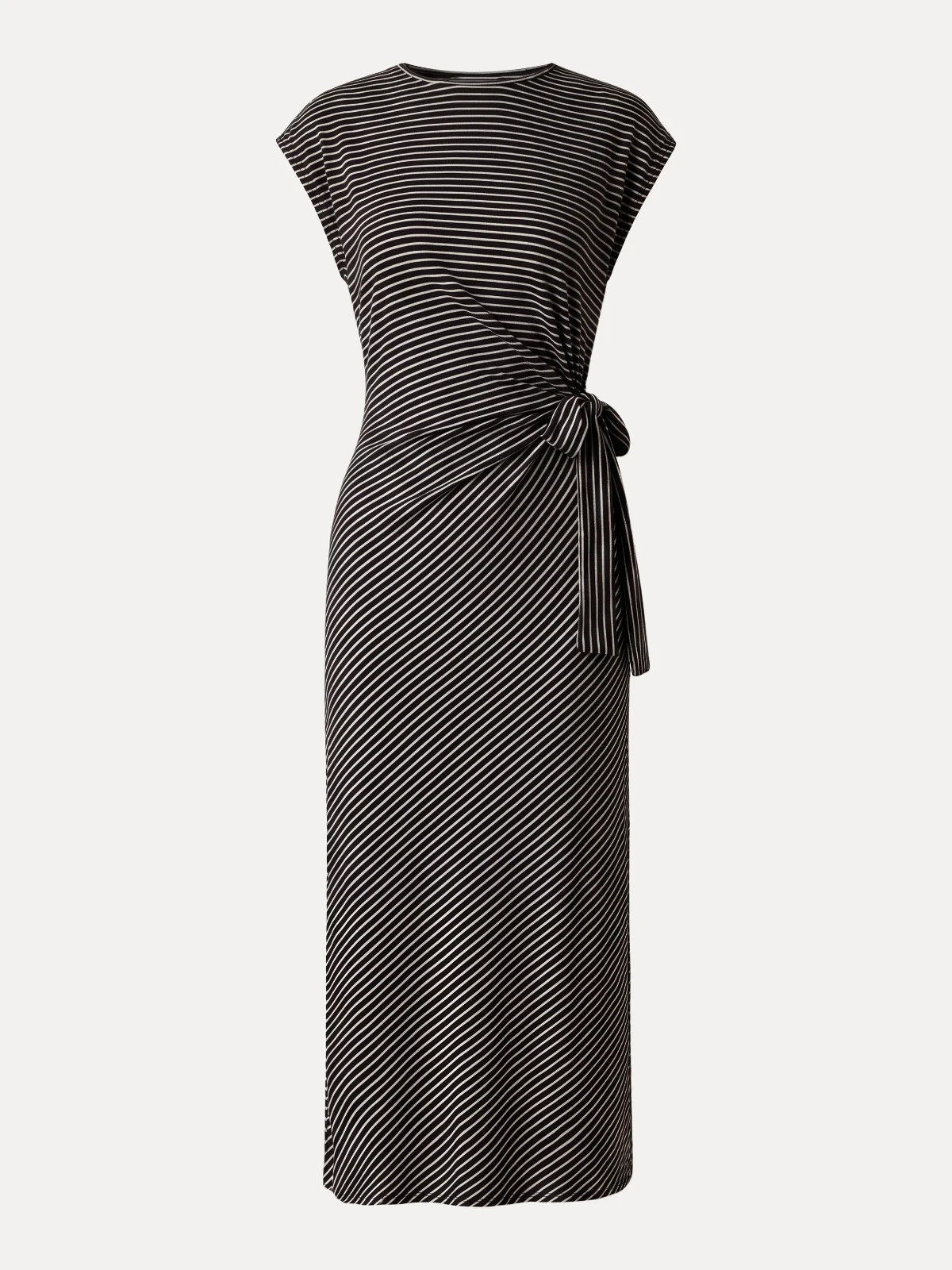 Women’s Striped Relaxed Midi Dress with Tie Belt, Black/Khaki Stripe