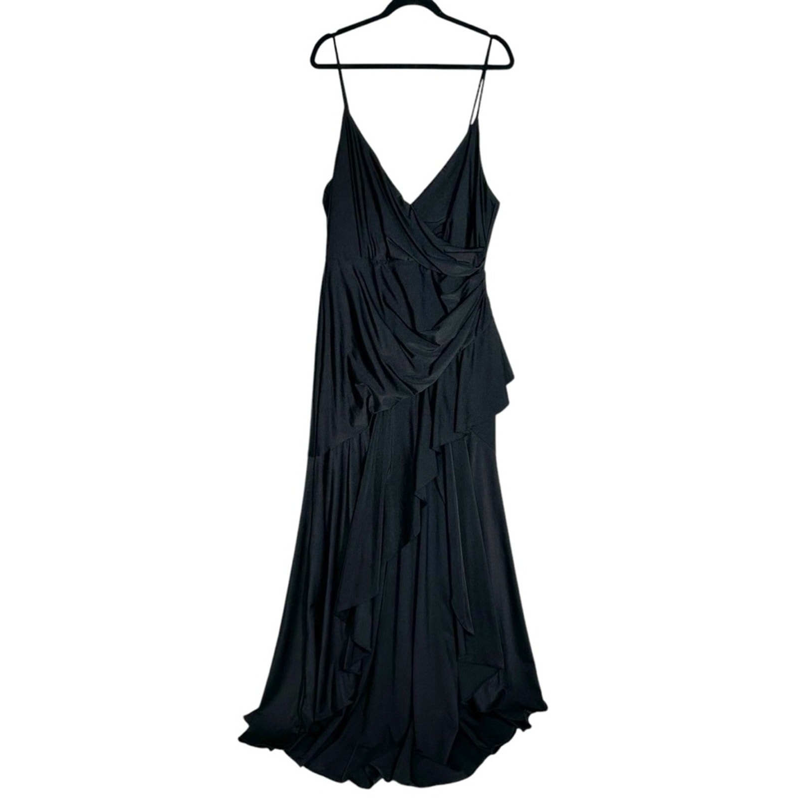 CYNTHIA & SAHAR Gabriella Ruffled High Low Stretch Satin Gown in Black Size XL