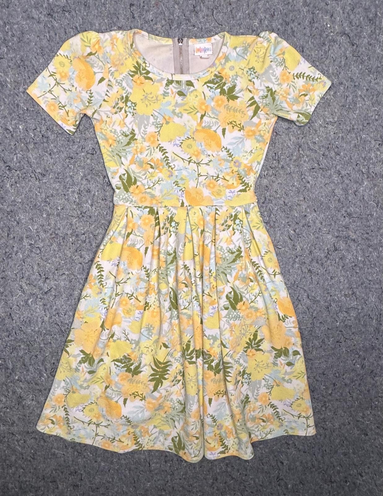 LuLaRoe Amelia Dress Womens XS Yellow Green Floral Fit and Flare Zip Back