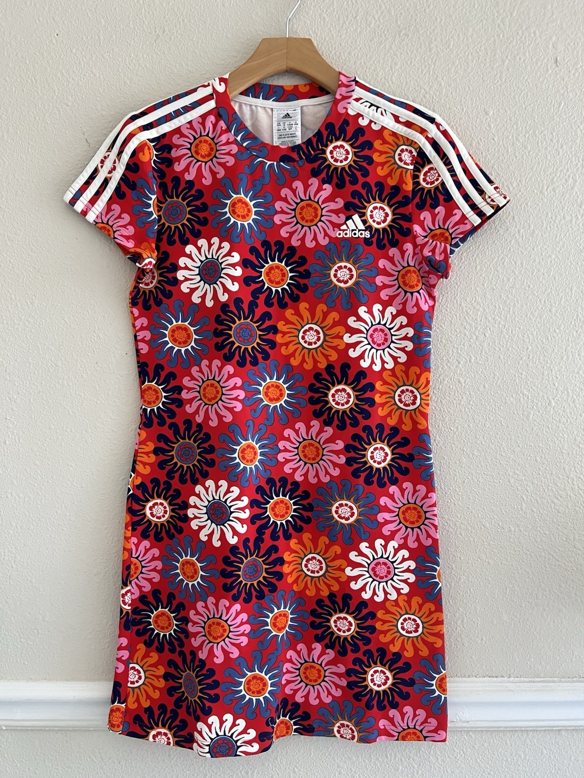 Adidas x FARM Rio Solar Floral Sun T-Shirt Mini Dress Small 3-Stripe Athleisure