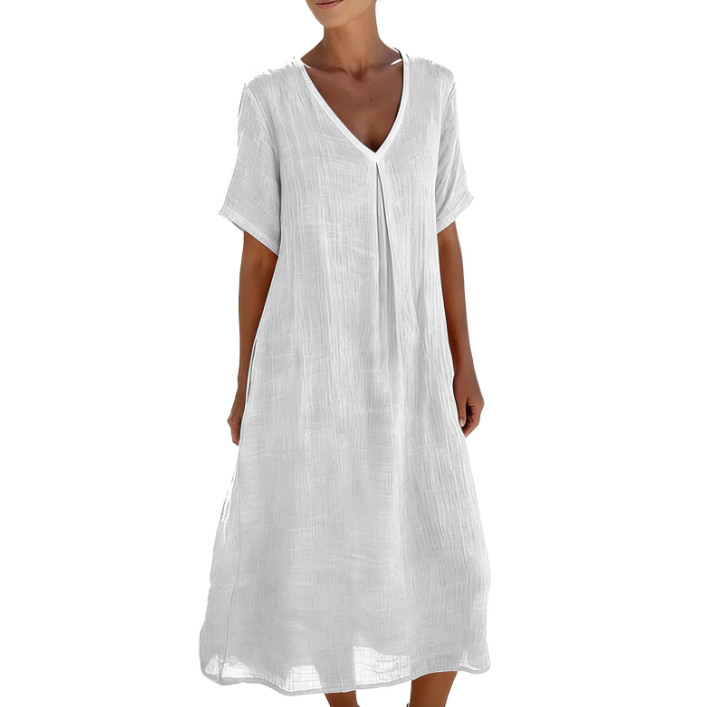 Ladies Solid V Neck Short Sleeve Cotton Linen Long Dress Loose Fit Casual Dress