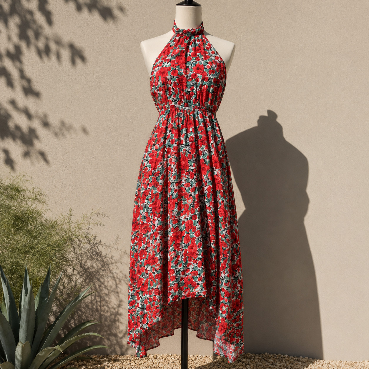 Red Rose Floral Halter Maxi Dress High Low Hem Elastic Waist Romantic Boho