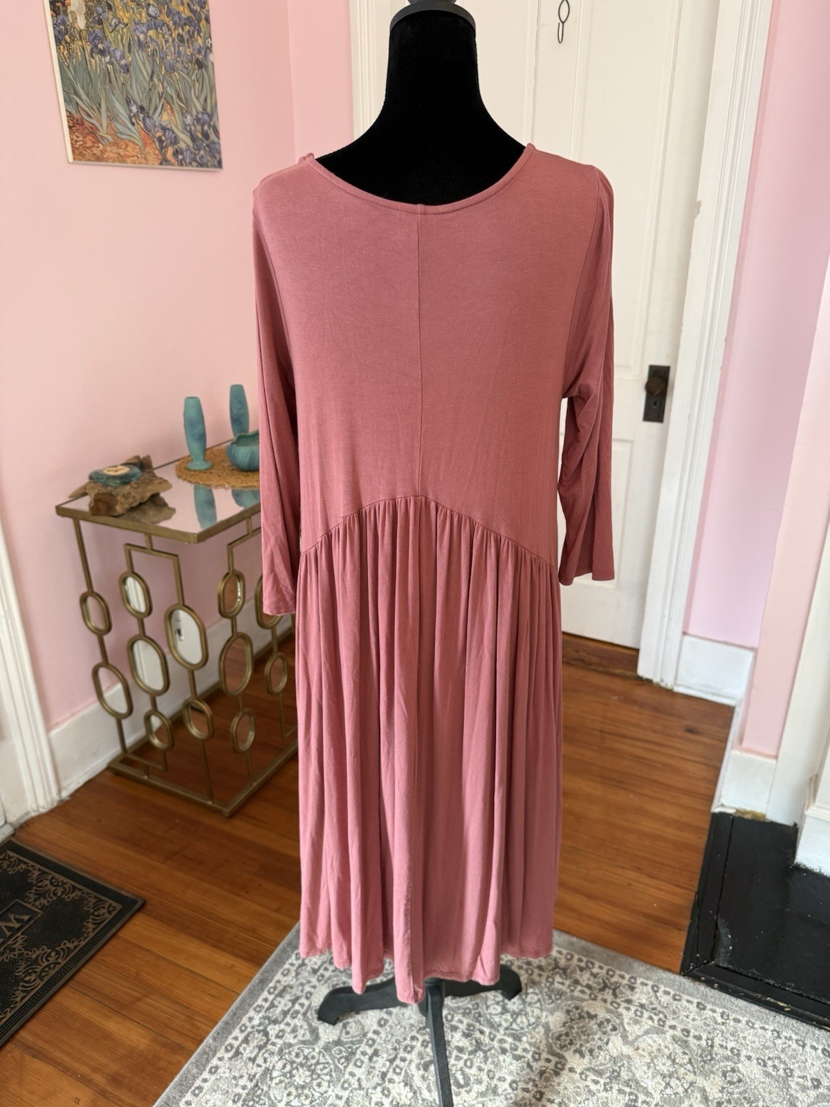 Agnes & Dora Pink Solid Knit A-Line Dress Scoop Neck 3/4 Sleeve Midi L